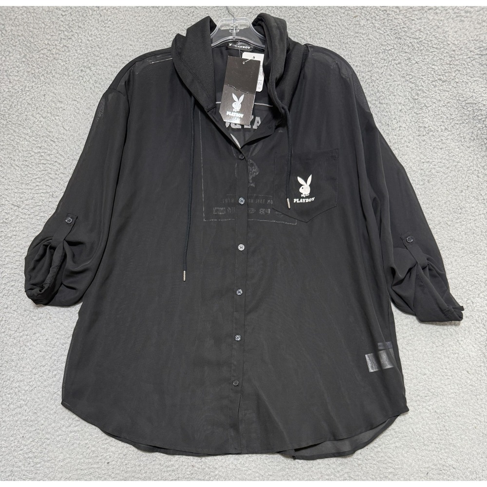 NEW PLAYBOY Sheer Long Sleeve Button Top Hoodie Womens L Your Tail Begins Here